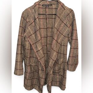 Vintage HYFVE Brown Burgundy Black Pattern Herringbone Trench Coat Jacket EUC